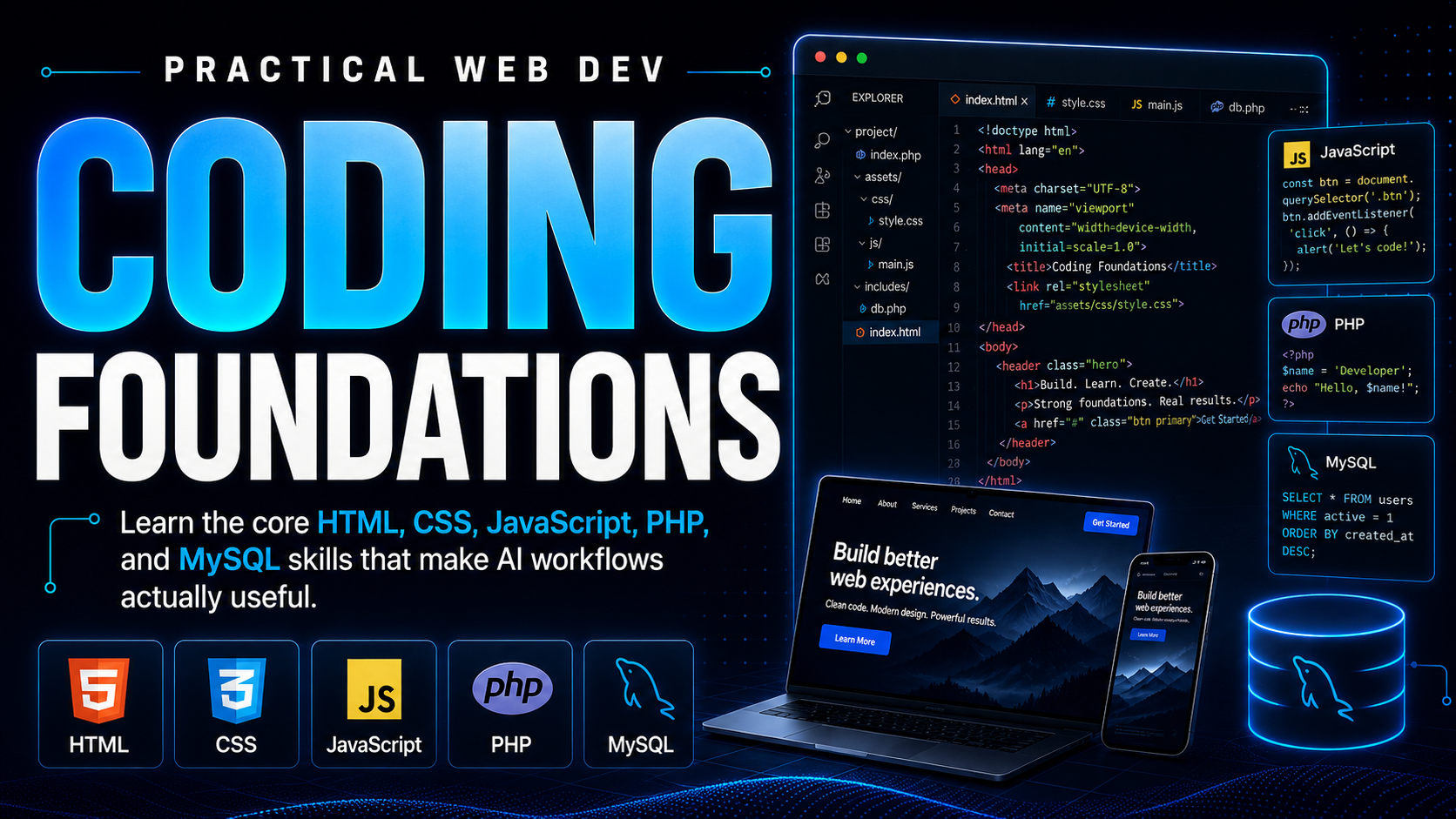 Coding Foundations course graphic showing HTML, CSS, JavaScript, PHP and MySQL